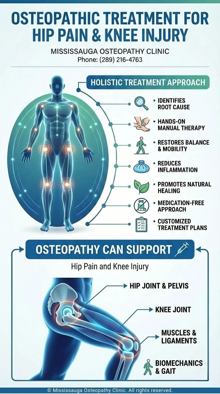 Osteopathic Treatment for Hip Pain & Knee Injury - Infographic -Mississauga Osteopathy Clinic